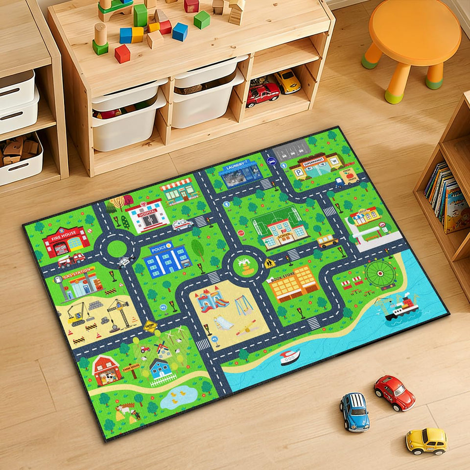 LakeFVGK road rug with car-track map for imaginative play in the playroom.