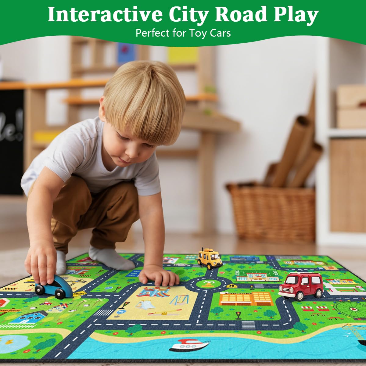 LakeFVGK smooth low-pile car rug enables easy car movement during playtime.