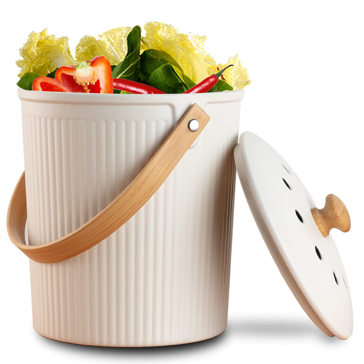 LALASTAR countertop compost bin with cream lid sits on a kitchen counter.
