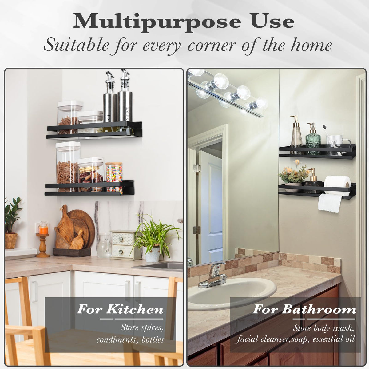 Lallisa shower shelf shown in bathroom and kitchen use.