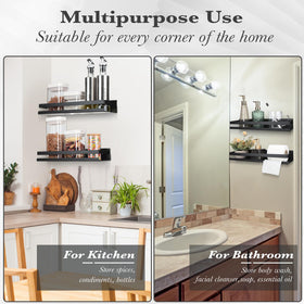 Lallisa shower shelf shown in bathroom and kitchen use.