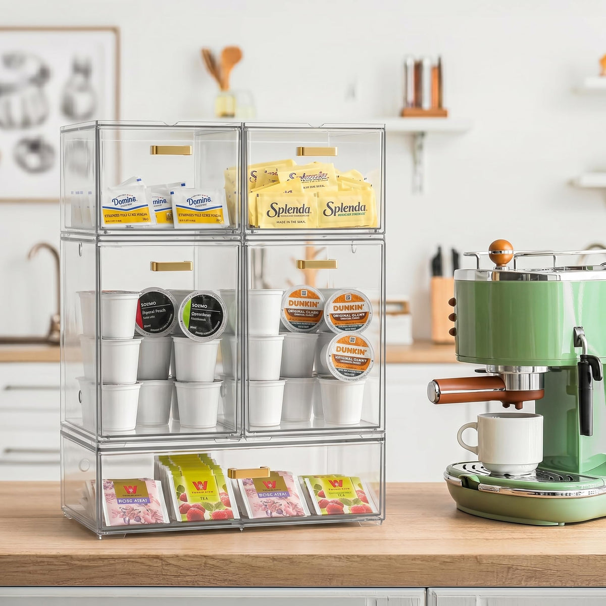 LALOBLUE bottle storage organizer tall drawer features a golden handle for comfortable grip