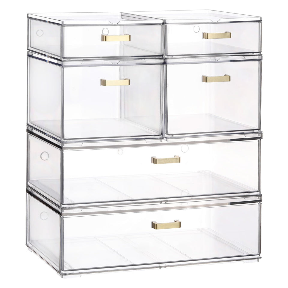 LALOBLUE clear acrylic drawers for organization and easy visibility.