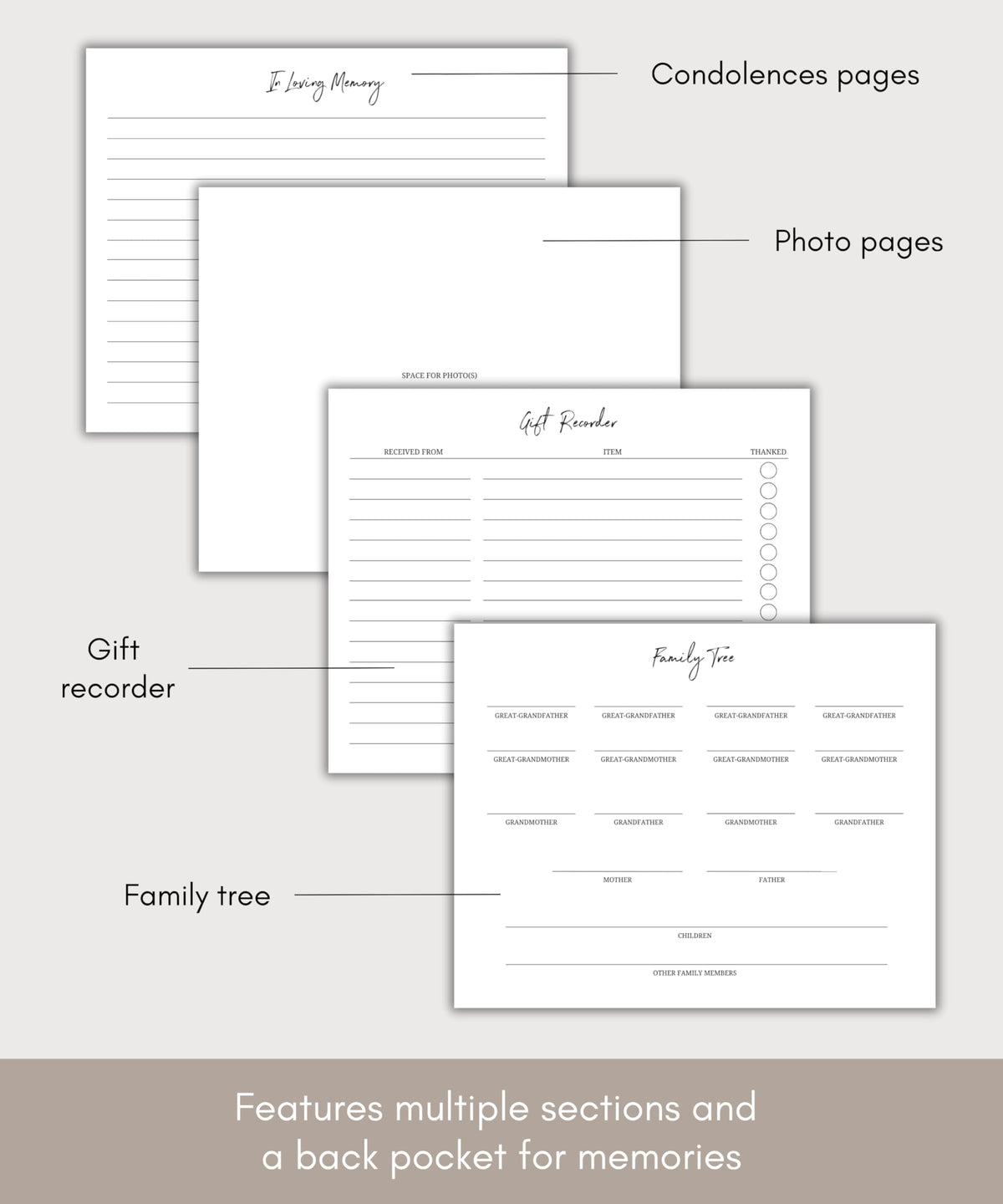 Lamare gold-foil detailing enhances a sophisticated memorial book for condolences