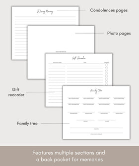 Lamare gold-foil detailing enhances a sophisticated memorial book for condolences