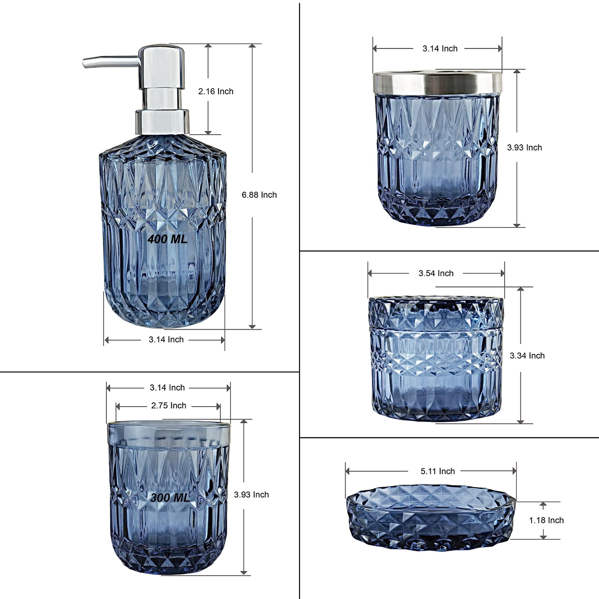 LaMarriti blue glass set packaged as a gift-ready bathroom décor.