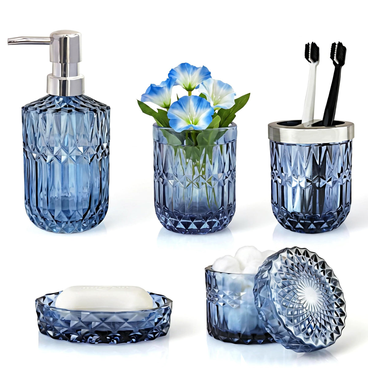 LaMarriti blue soap dispenser with crystal glass keeps the counter organized and stylish.