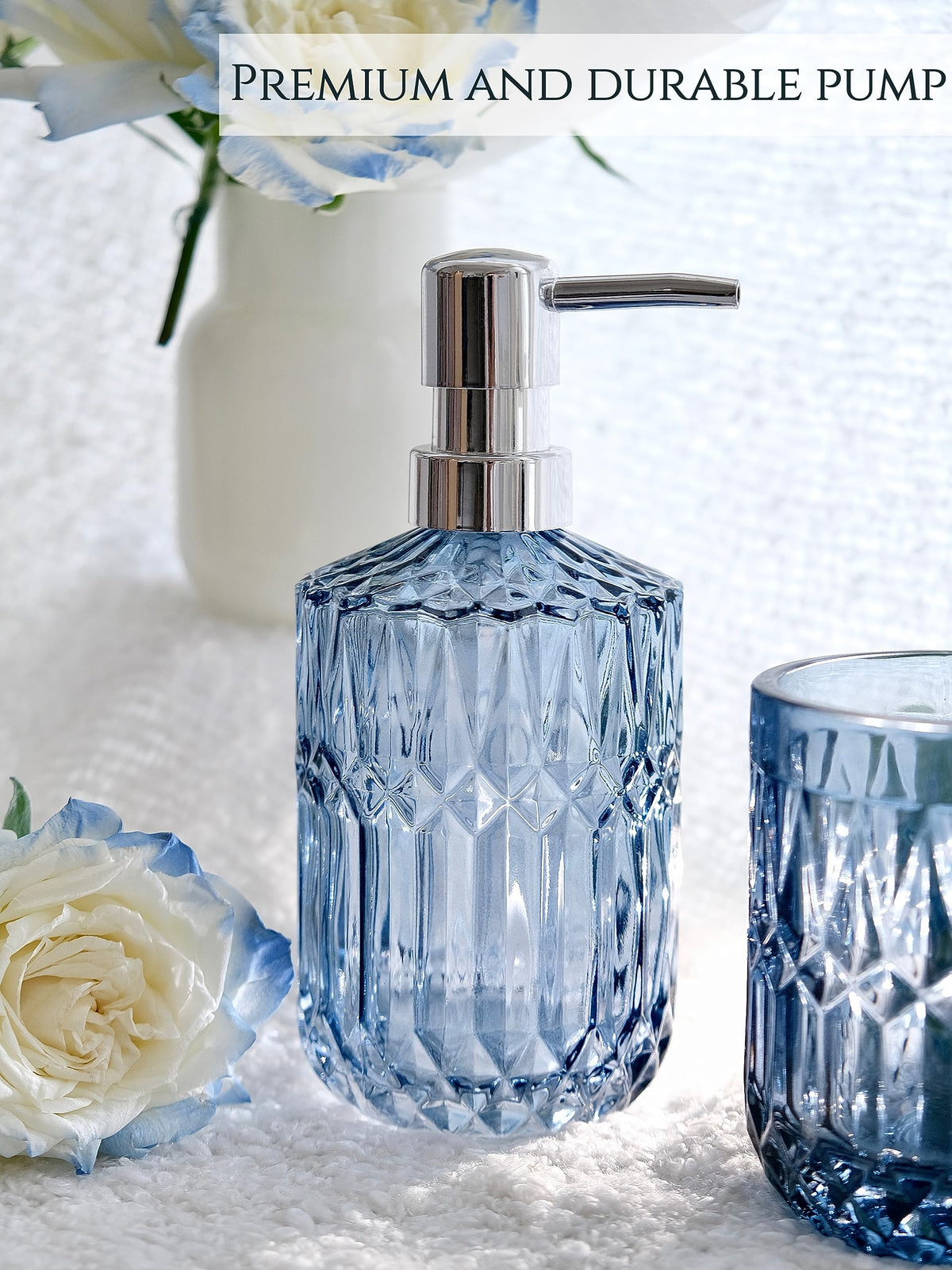 LaMarriti blue tumbler neatly stores makeup tools on the sink.