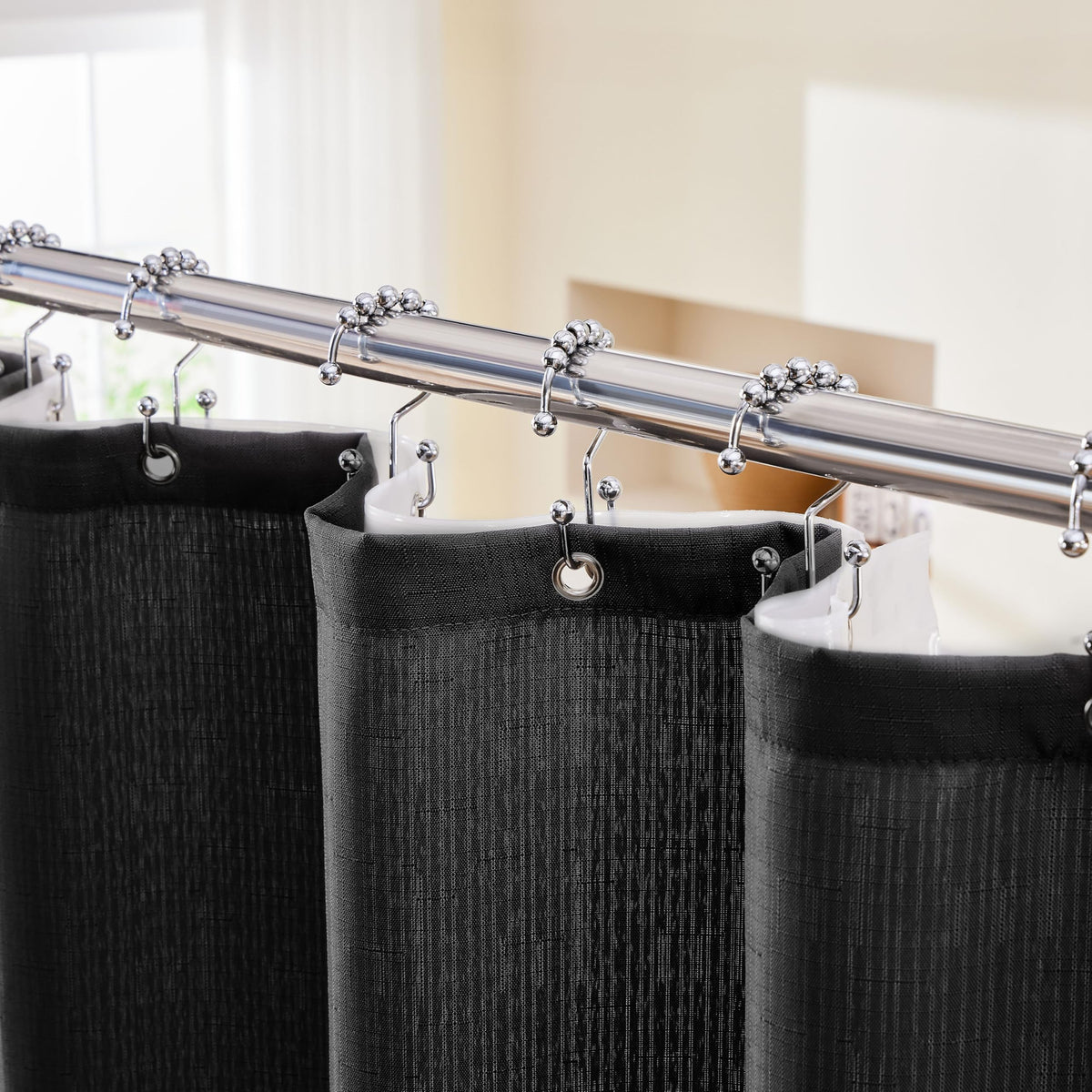 Lameirose 3-in-1 shower curtain set in black, ready for quick installation.