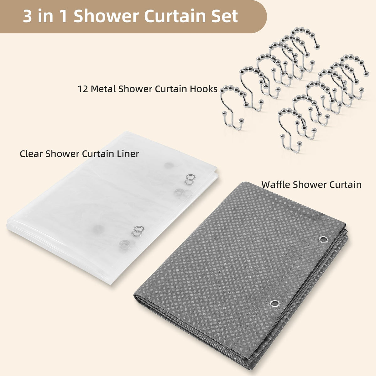 Lameirose 72x72 curtain set fits standard showers.