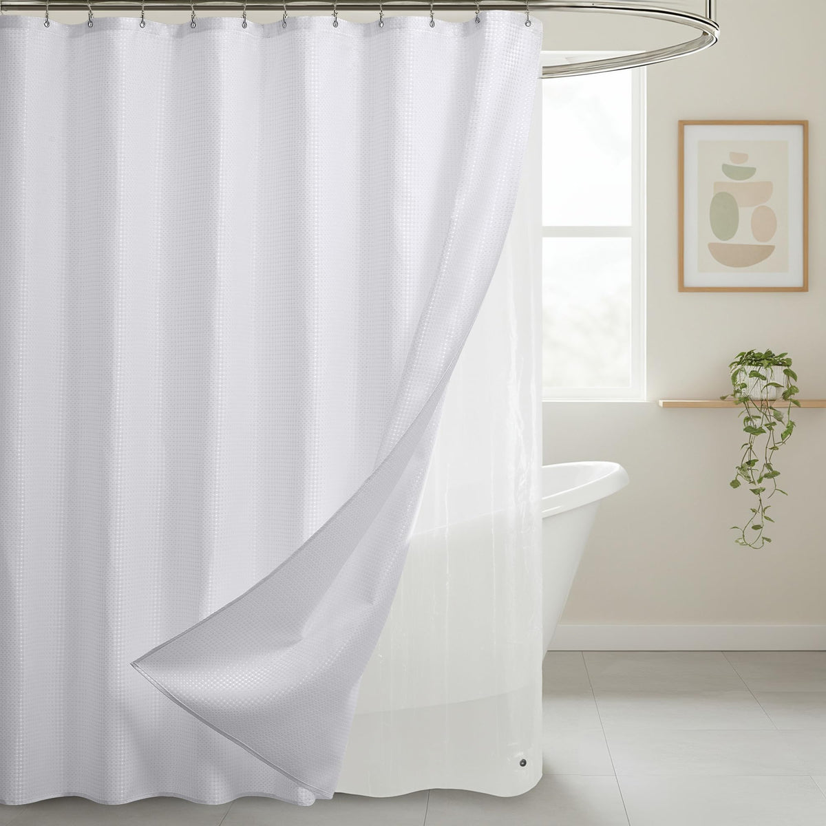 Lameirose bathroom setup shows 72x72 size for standard showers.
