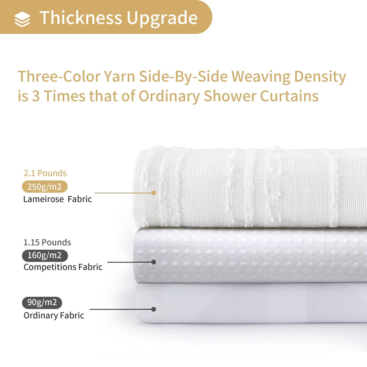 Lameirose white shower curtain demonstrates durable cotton blend and soft finish for lasting use.