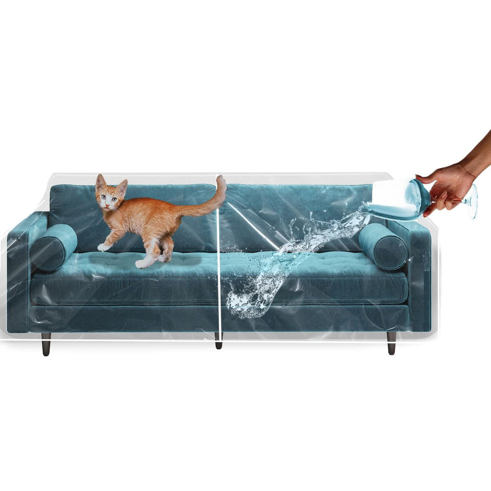 LAMINET thick crystal-clear sofa cover with seamed edges protecting fabric while keeping visibility