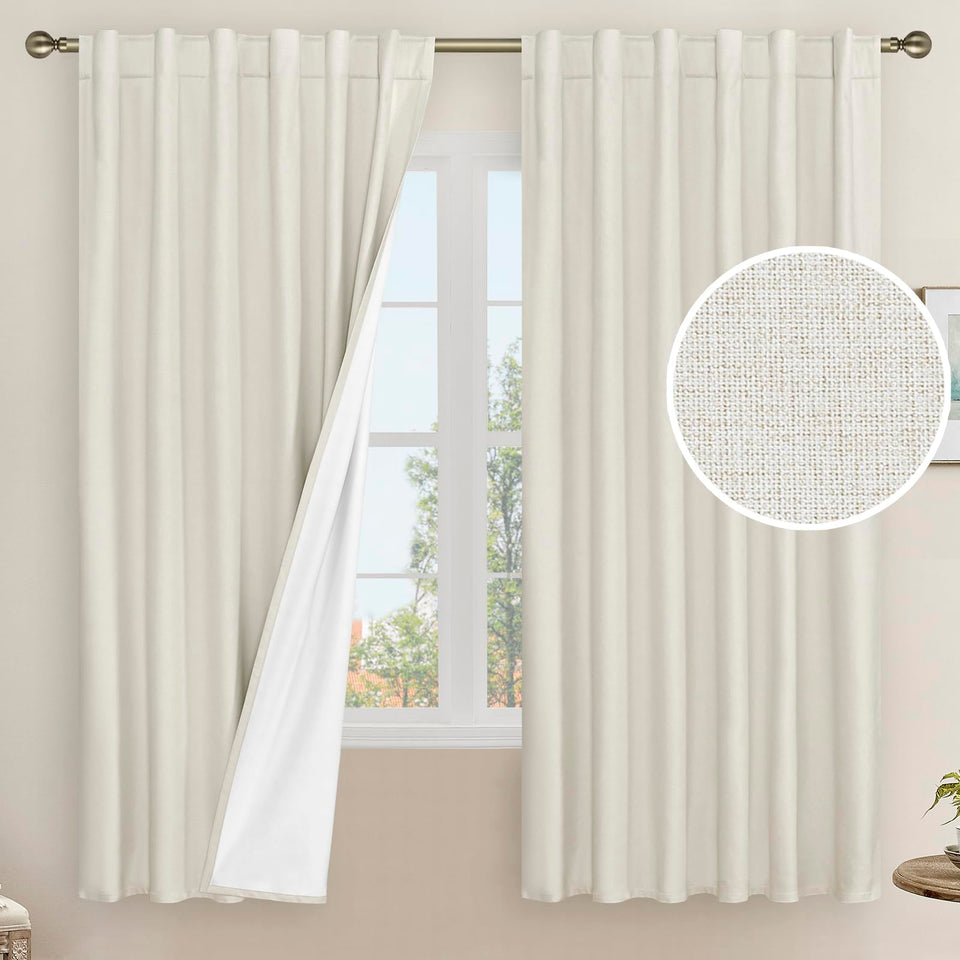 LAMIT blackout linen curtains ivory, front view blocks light for daytime privacy