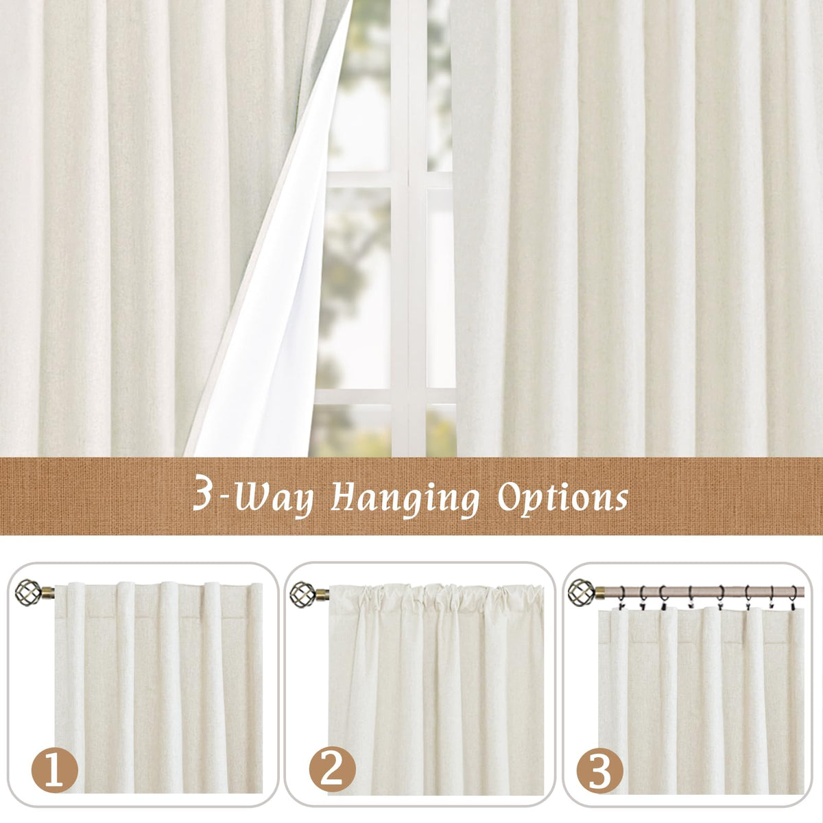 LAMIT 52x54 ivory linen blackout curtains in a cozy bedroom setup