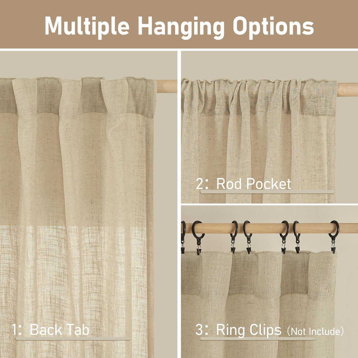 LAMIT back-tab rod-pocket drapes with seven tabs for secure mounting.