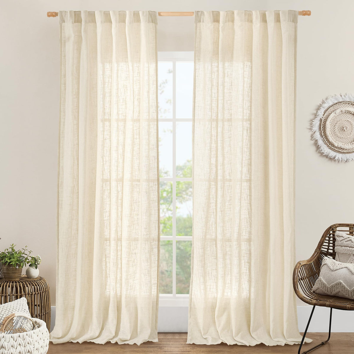 LAMIT beige linen curtains in living room provide soft diffused light.