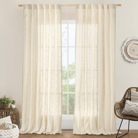 LAMIT beige linen curtains in living room provide soft diffused light.