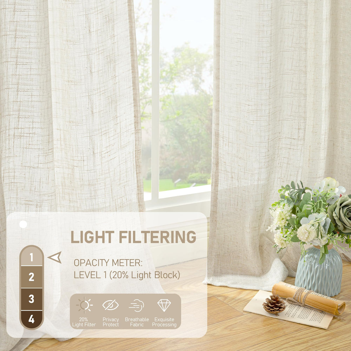 LAMIT linen curtain airiness shows diffused sunlight and breathable fabric.