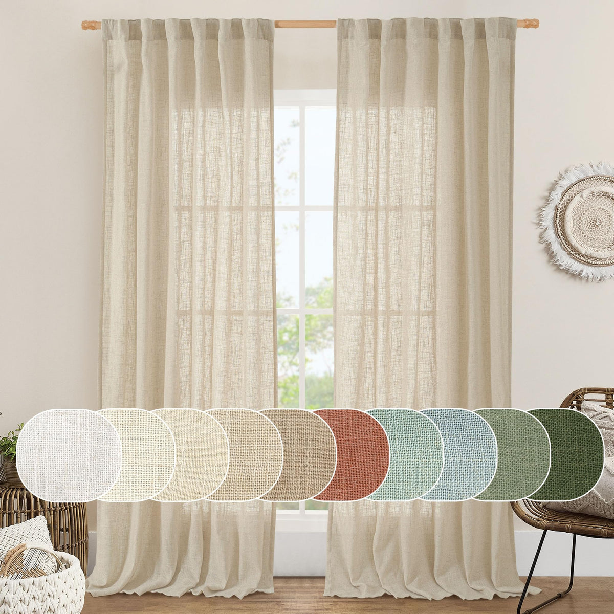 LAMIT light-filtering linen curtains diffuse daylight for a cozy 52x84 window.