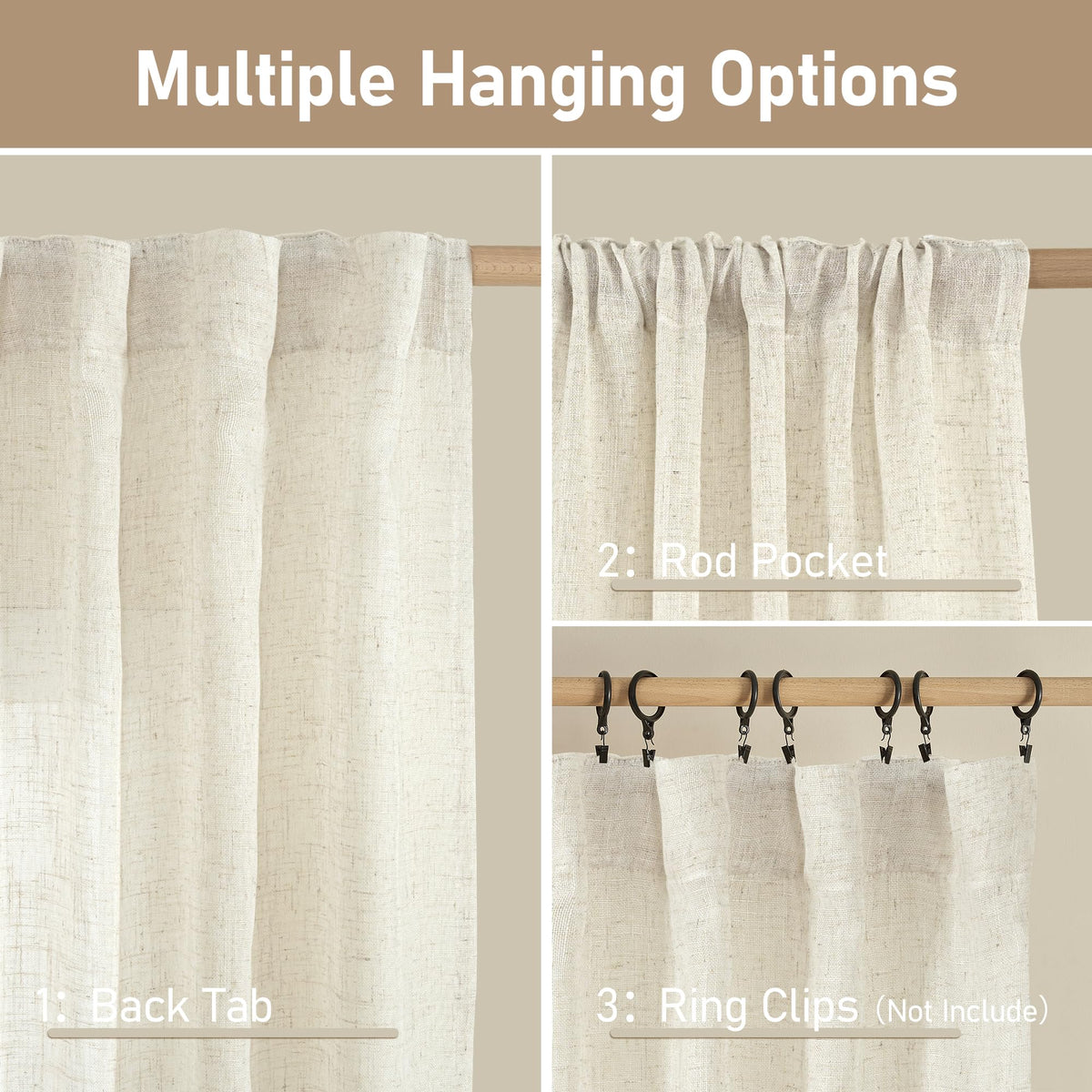 LAMIT linen curtains back-tabs and rod-pocket for easy mounting.