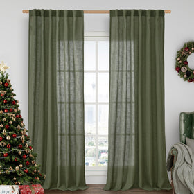 LAMIT olive green linen curtains pair in living room for natural light diffusion
