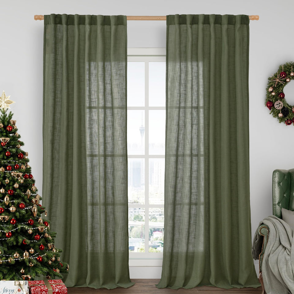 LAMIT olive green linen curtains pair in living room for natural light diffusion