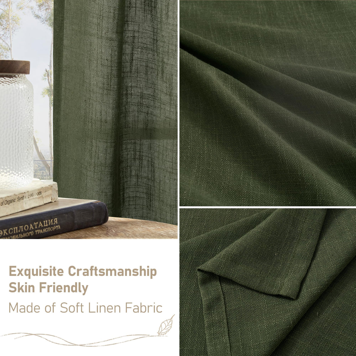 LAMIT olive green linen curtains in a calm bedroom setting