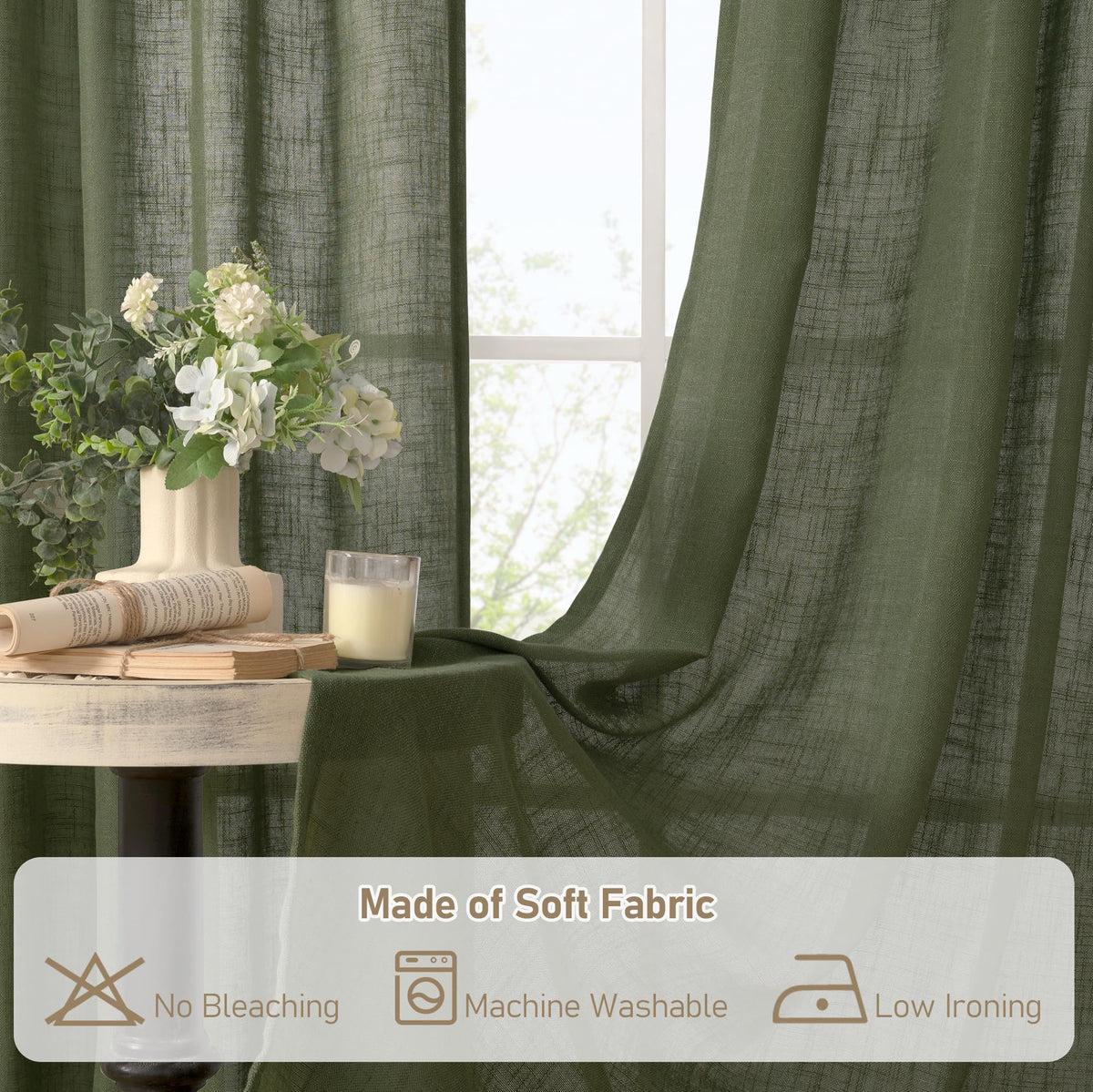 LAMIT olive green linen curtains diffusing sunlight for energy-friendly ambiance