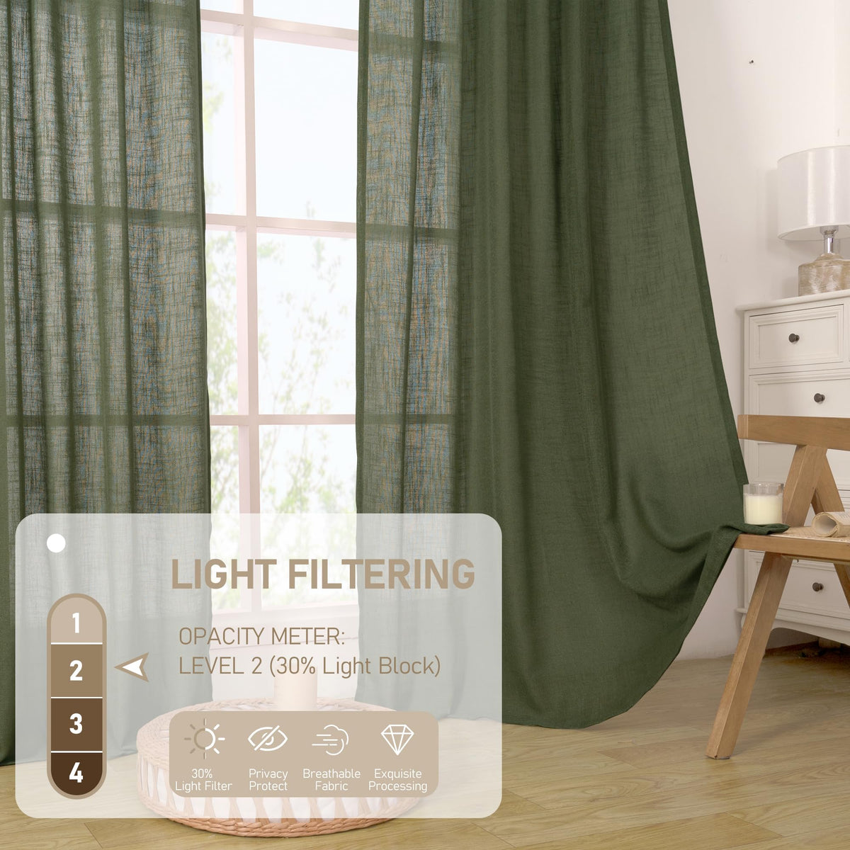 LAMIT olive green linen curtains demonstrating light filtering effect