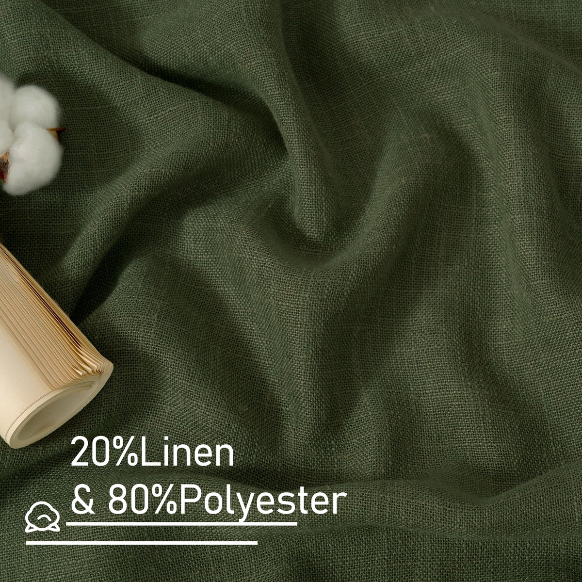 LAMIT olive green linen curtains in a living room setup with soft glow