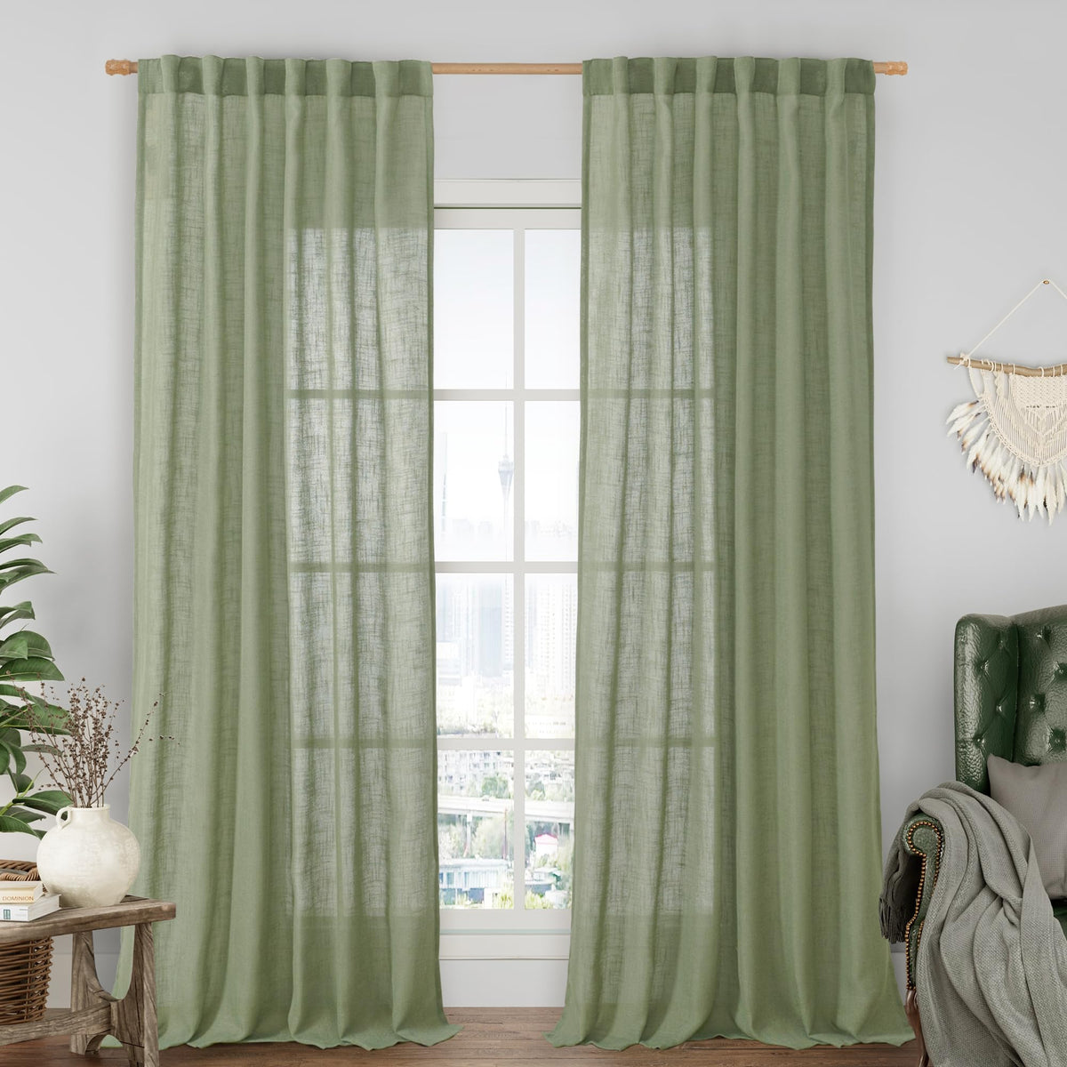 LAMIT Sage Green linen curtain close-up texture enhances natural room depth