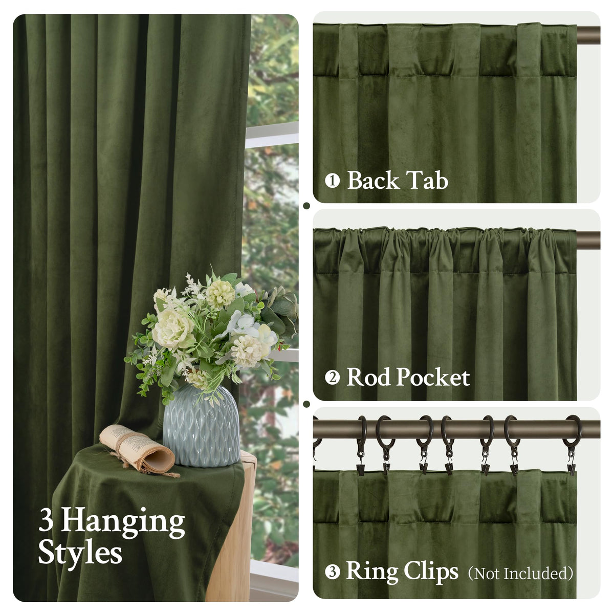 LAMIT Sage Green Velvet Curtains back tab and rod pocket design for versatile installation