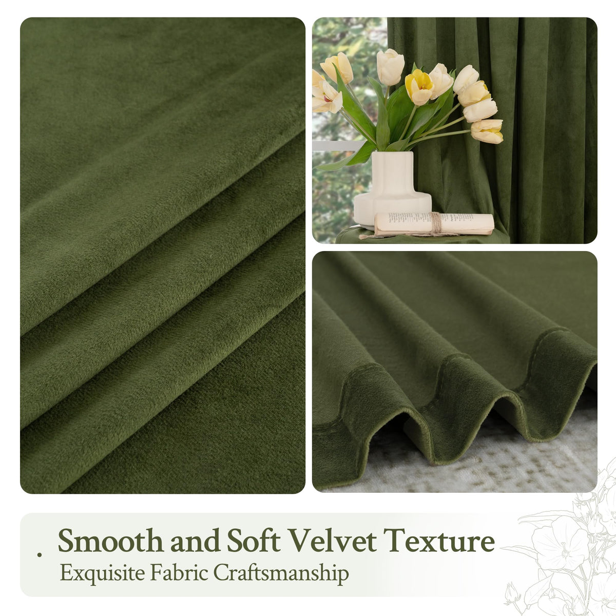 LAMIT Sage Green Velvet Curtains in a calm bedroom ambiance with privacy