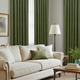 LAMIT Sage Green Velvet Curtains demonstrate light filtration for a soft ambient glow