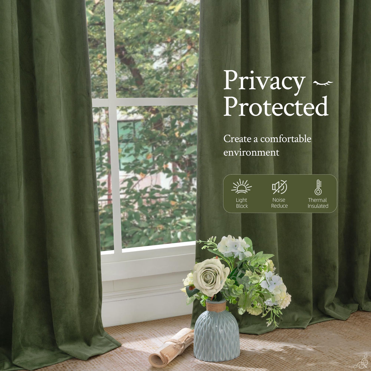 LAMIT Sage Green Velvet Curtains in a living room setup with refined texture