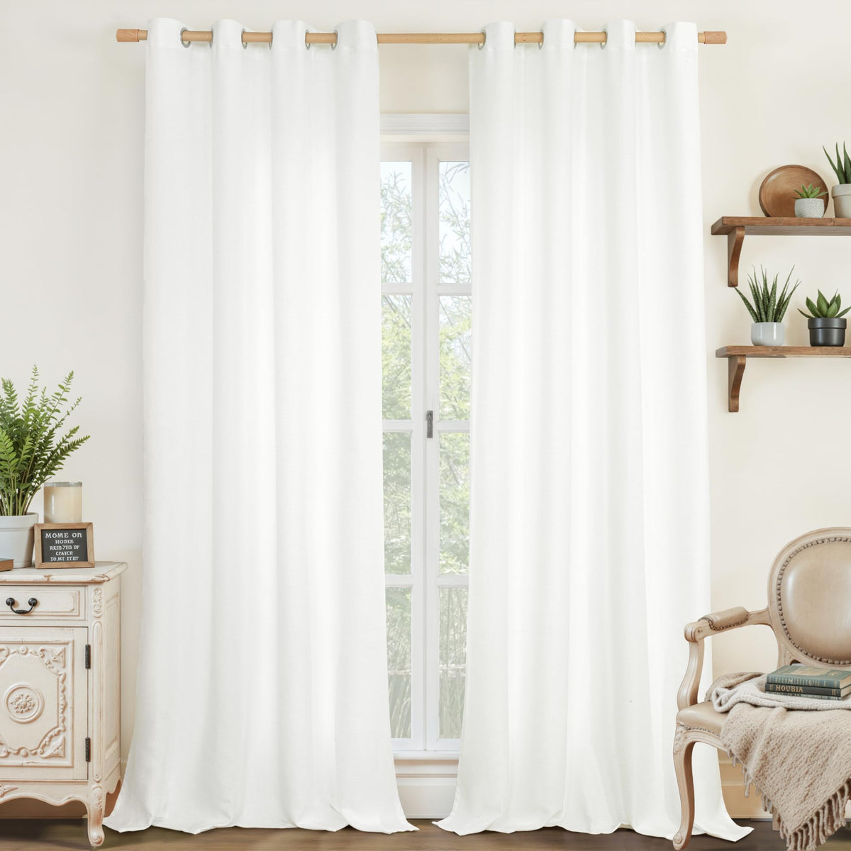 LAMIT white linen curtains panel 52W x 84L shown for easy setup and light control.