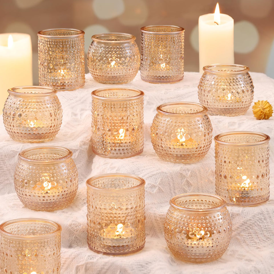 LAMORGIFT gold votive holders set on a wooden dining table adding warm ambiance