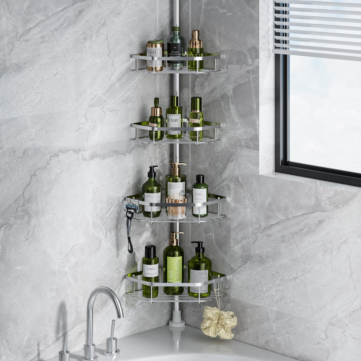 LAMU shower caddy corner tension pole in use for secure bathroom storage