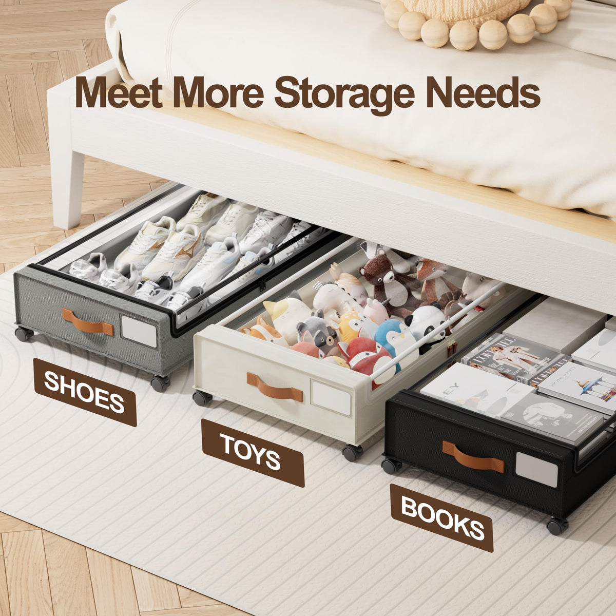 LAMU under-bed storage folds flat when not in use for compact storage.