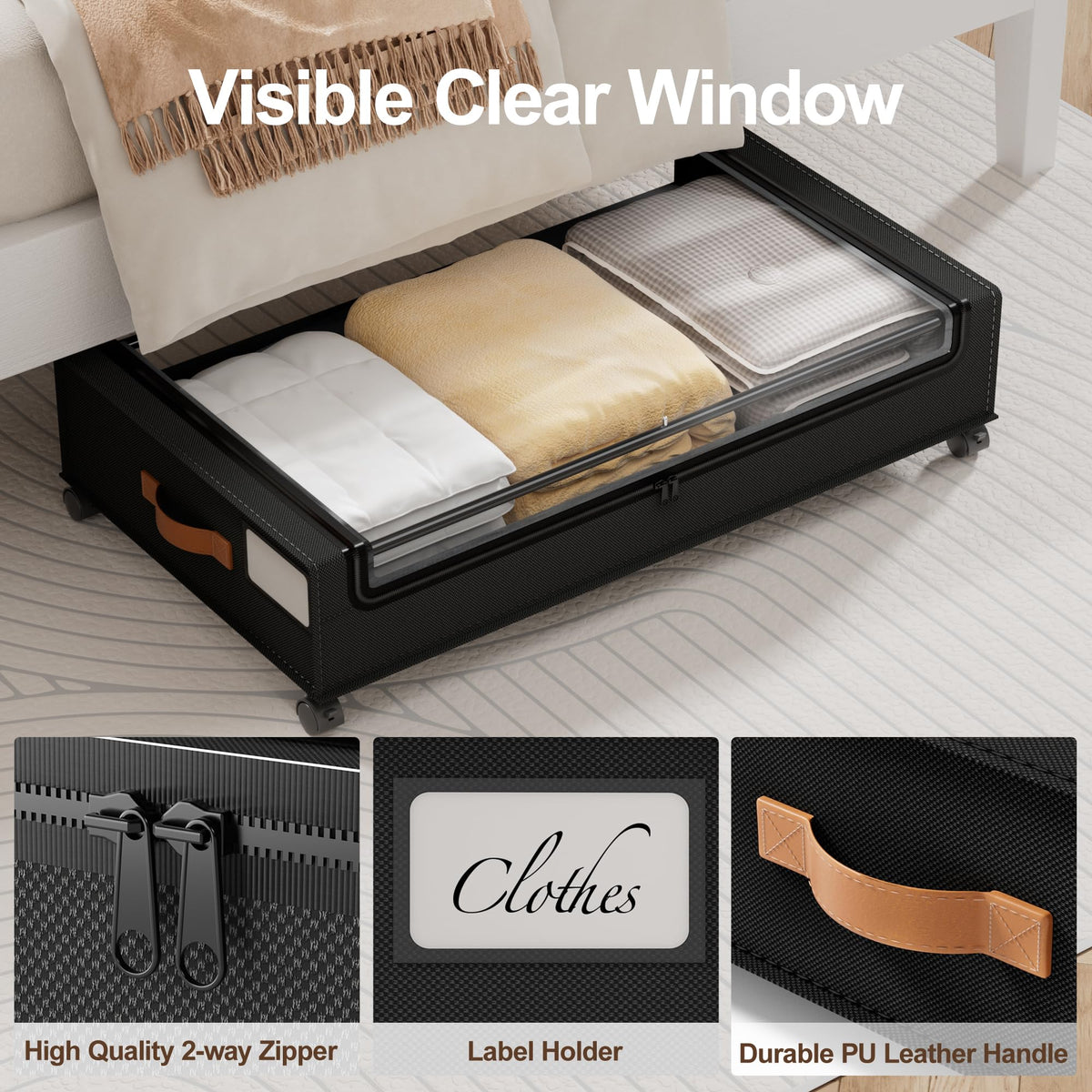 LAMU under-bed storage includes a label card for organized grouping.