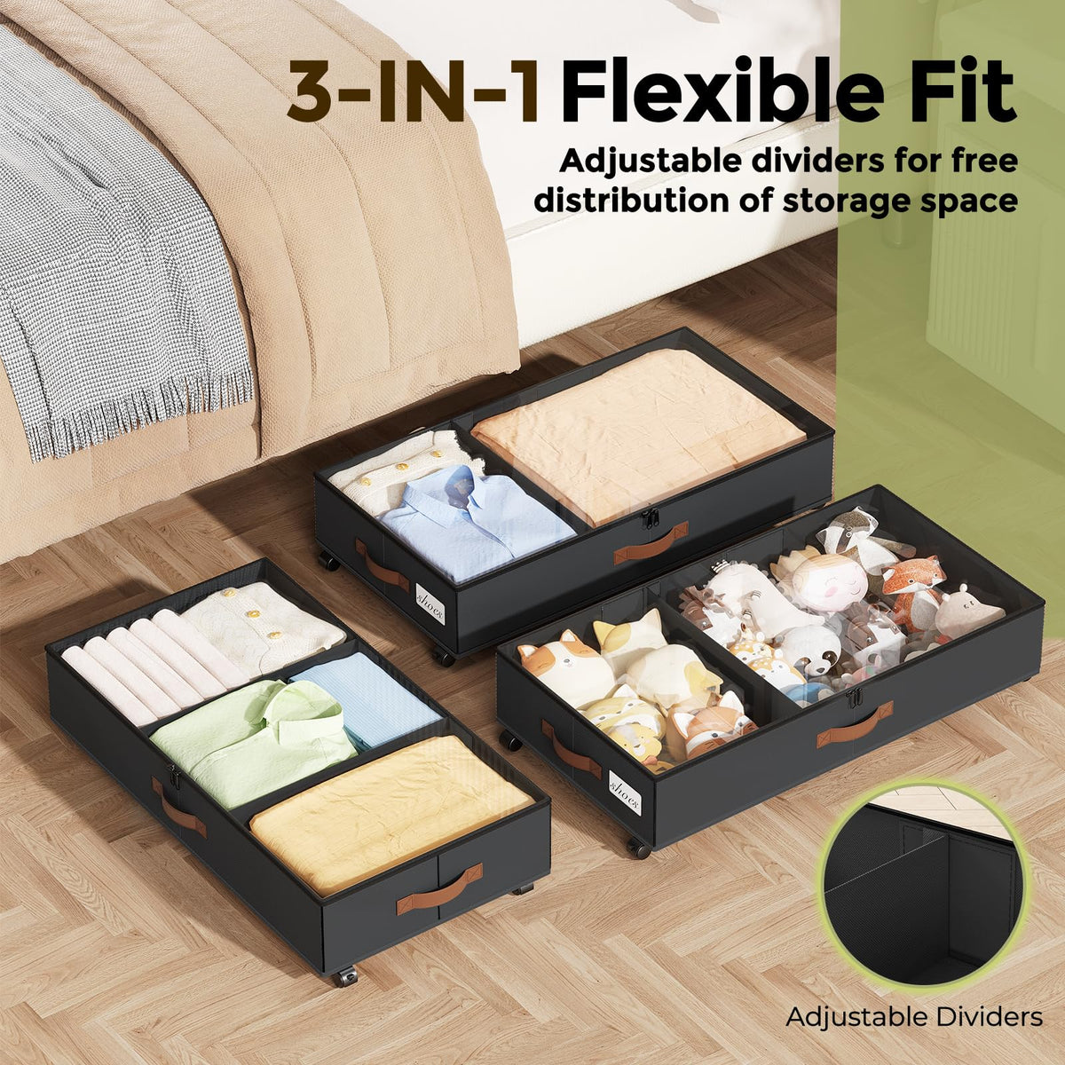 LAMU under-bed storage with wheels adjustable dividers create customized compartments.