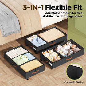 LAMU under-bed storage with wheels adjustable dividers create customized compartments.