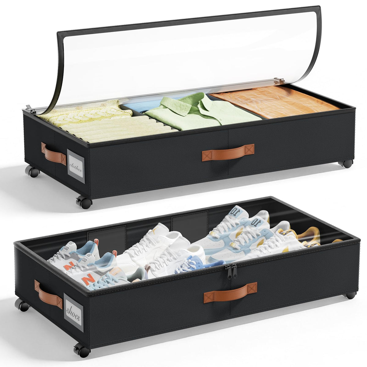 LAMU under-bed storage with wheels, closed lid shows contents for quick access.