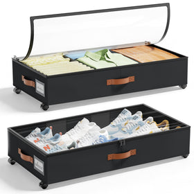 LAMU under-bed storage with wheels, closed lid shows contents for quick access.