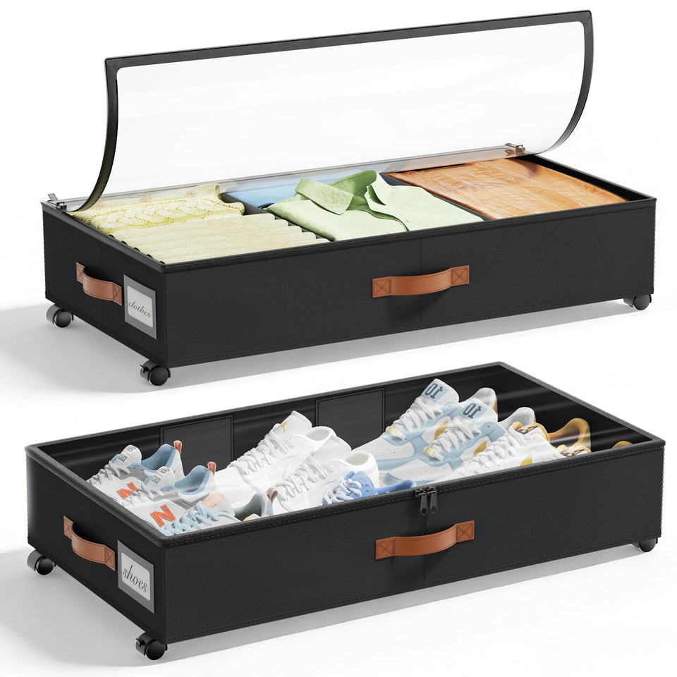 LAMU under-bed storage with wheels, closed lid shows contents for quick access.