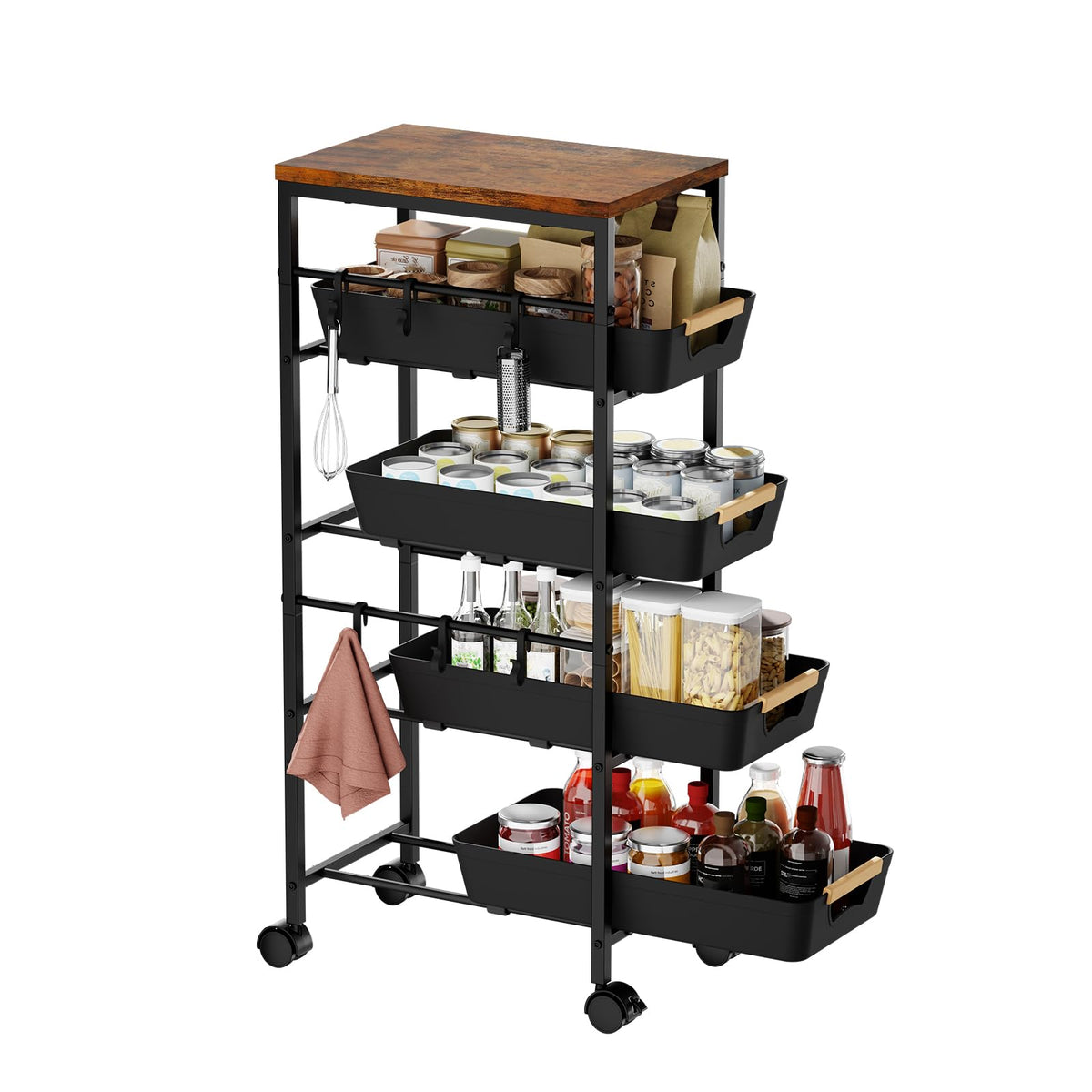 Landmok 5-Tier Slim Cart with wood top for compact kitchen storage.