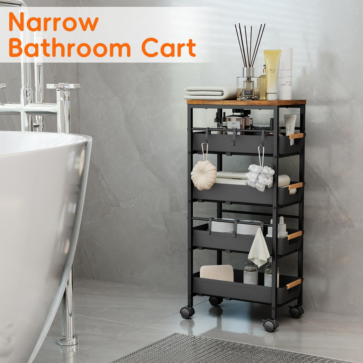 Landmok black finish cart blends with modern corners and counters.