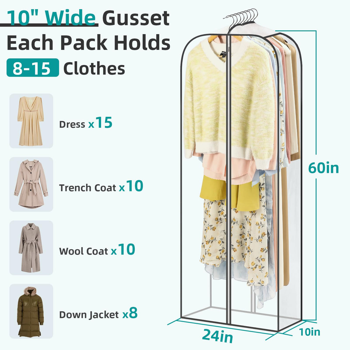 LANDNEOO clear garment bags 60in inside view with clothes for effortless visibility and selection.