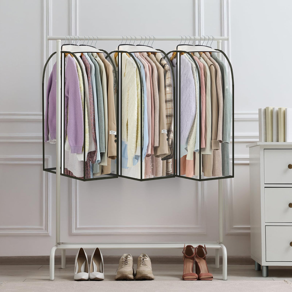 LANDNEOO clear garment bags make wardrobe visibility effortless in a busy closet.